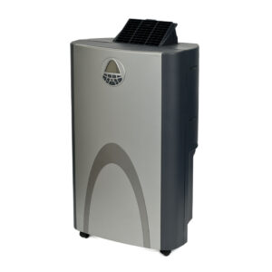 Amcor 3.5kW portable air conditioner at an angle (facing left) - black and silver